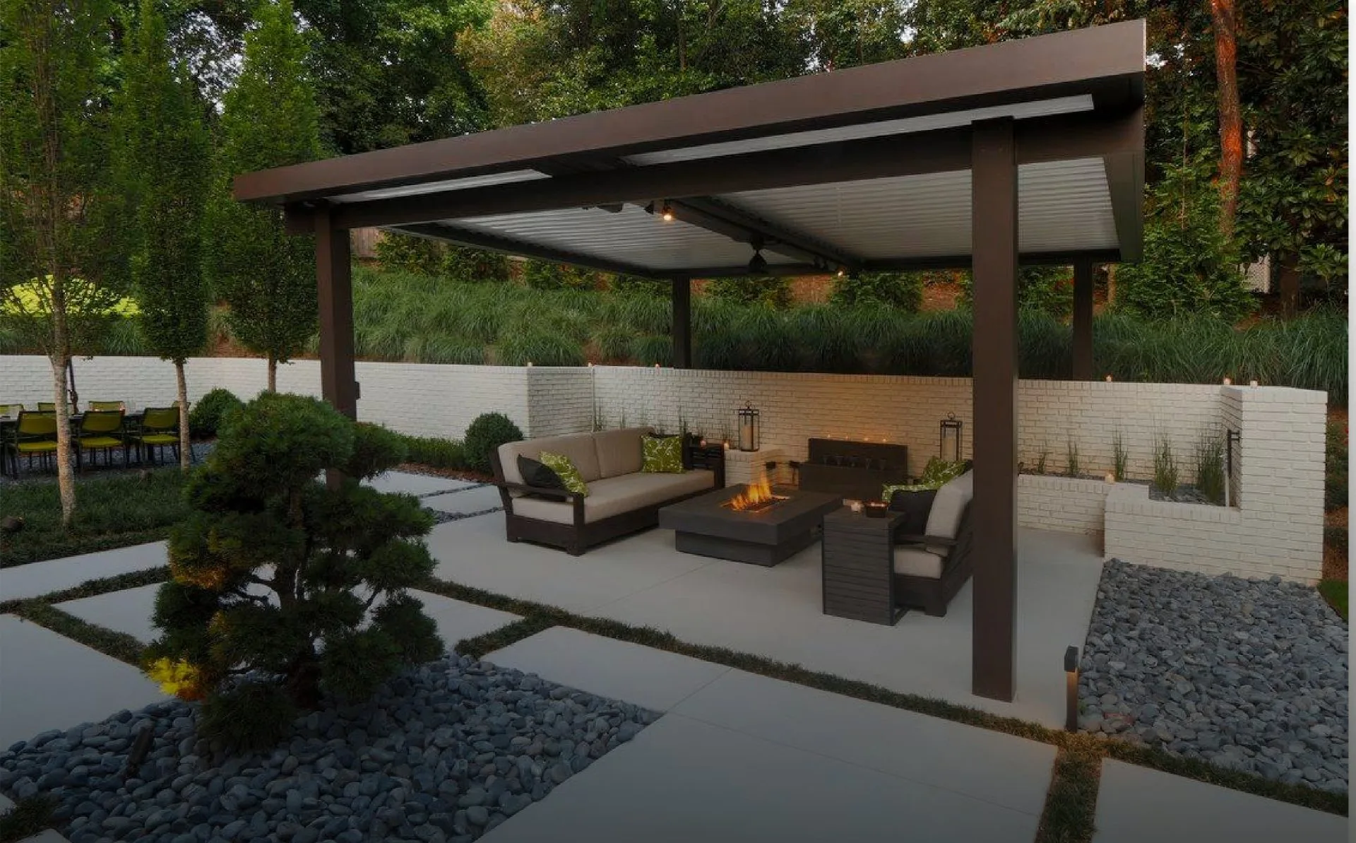 Motorized Pergola with firepit